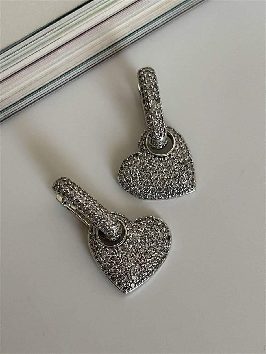 Özel Seri Vip Gümüş Renk Kalp Zirkon Taşlı Küpe (2.5 Cm)