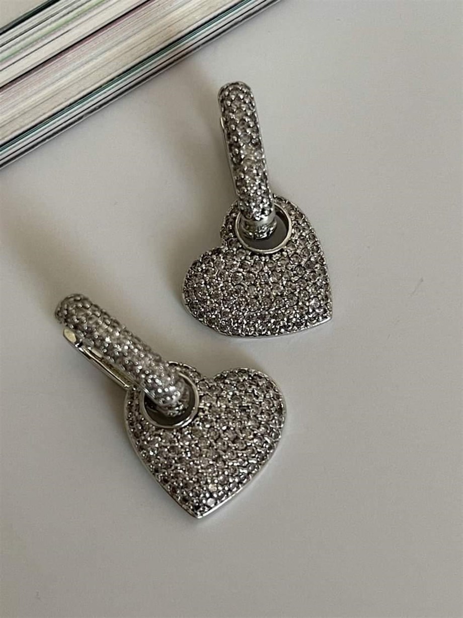 Özel Seri Vip Gümüş Renk Kalp Zirkon Taşlı Küpe (2.5 Cm)