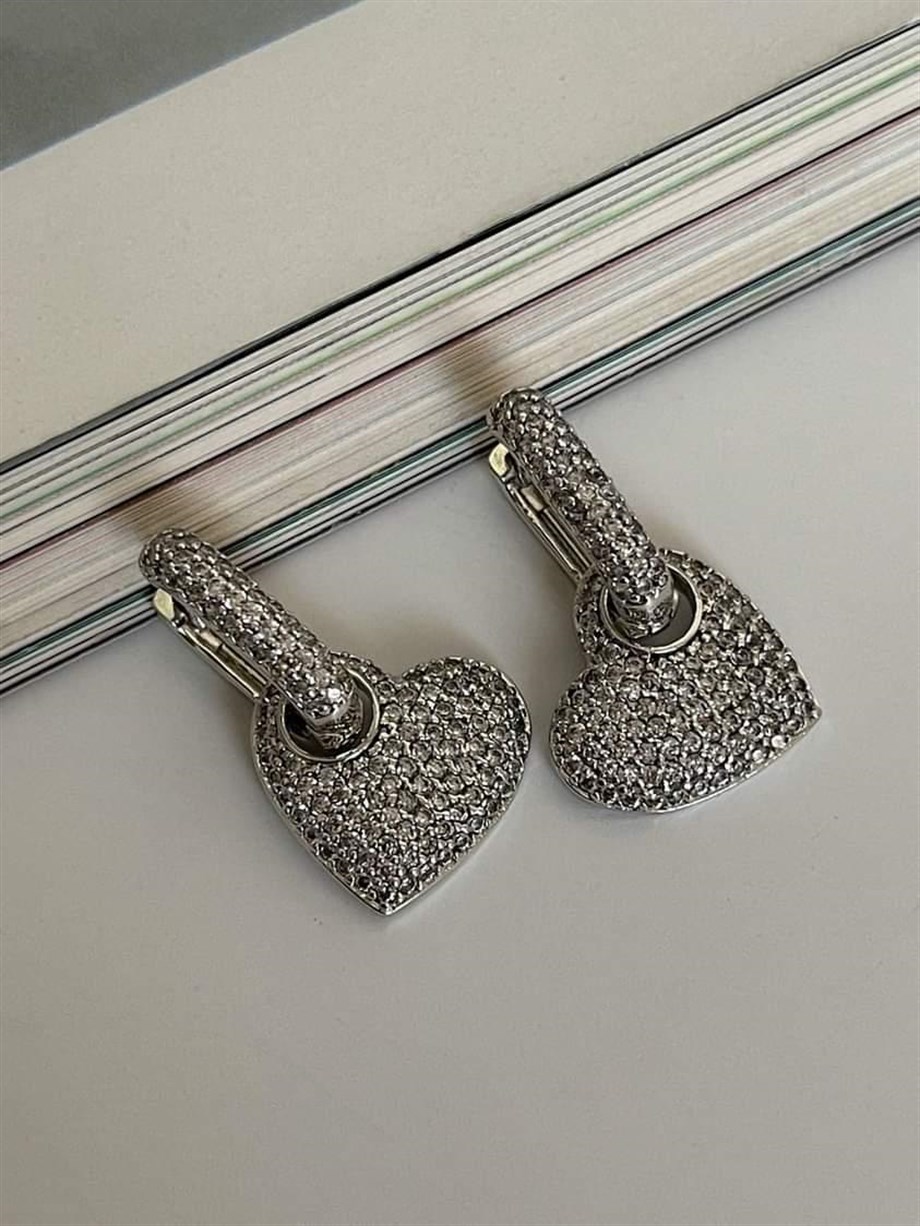 Özel Seri Vip Gümüş Renk Kalp Zirkon Taşlı Küpe (2.5 Cm)