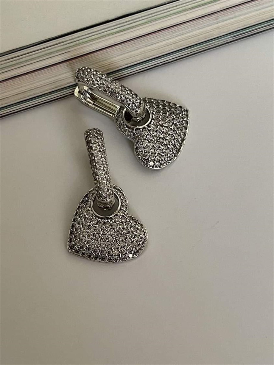 Özel Seri Vip Gümüş Renk Kalp Zirkon Taşlı Küpe (2.5 Cm)