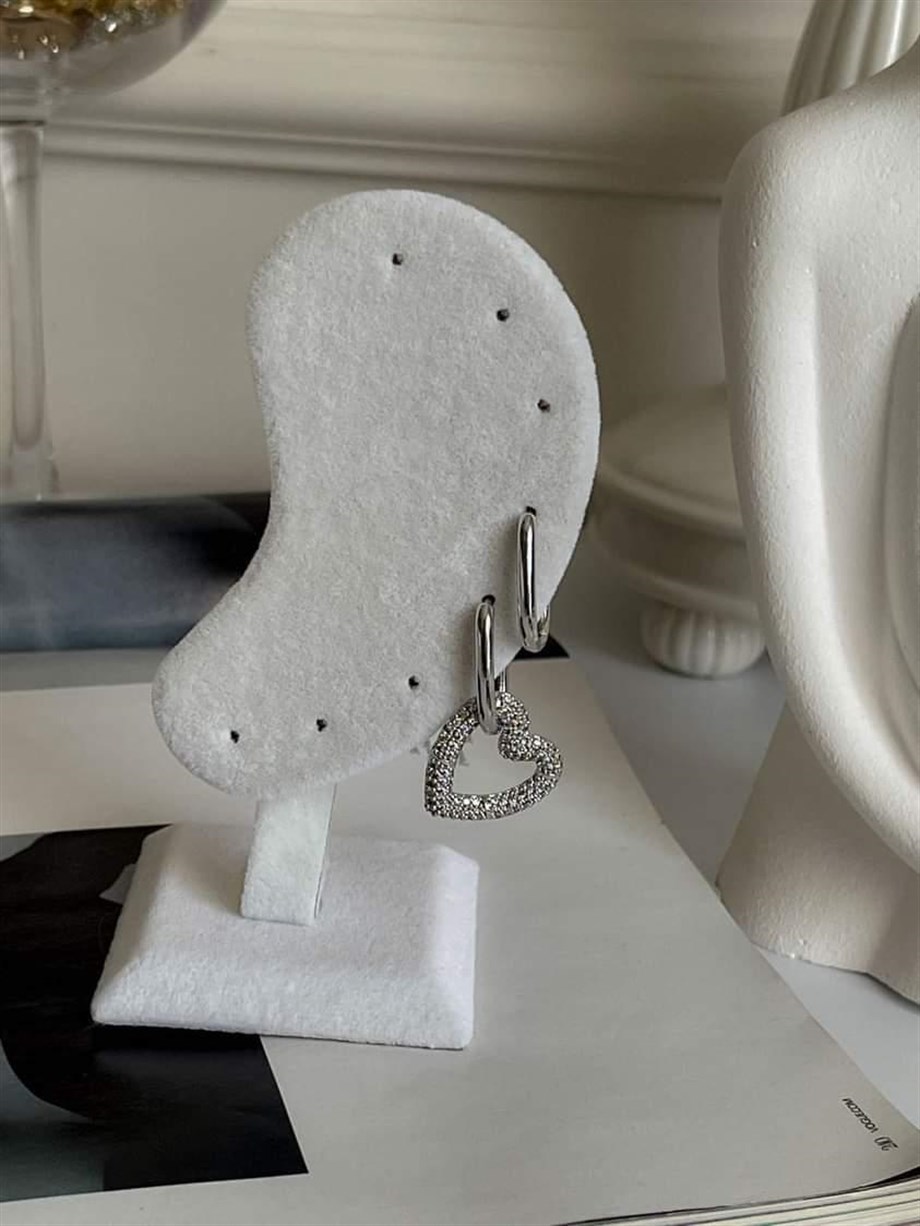 Özel Seri Vip Gümüş Renk Kalpli Küpe (3.20 Cm)