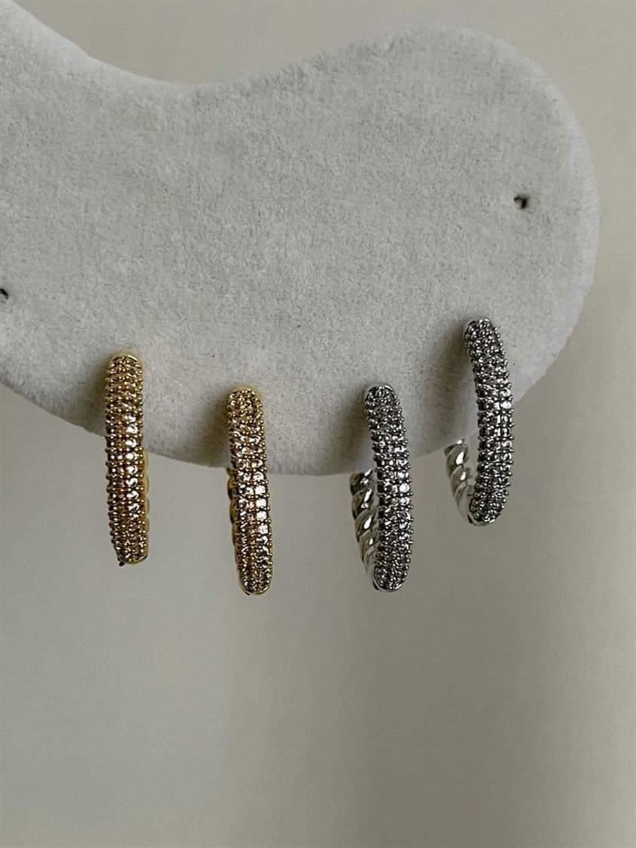 Özel Seri Vip Gümüş Renk Taşlı Arkası Burgu Halka Küpe (2.20 Cm)