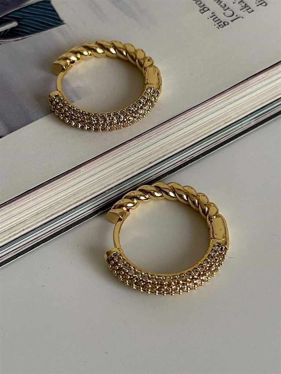 Özel Seri Vip Zirkon Taşlı Arkası Burgu Halka Küpe (2.20 Cm)