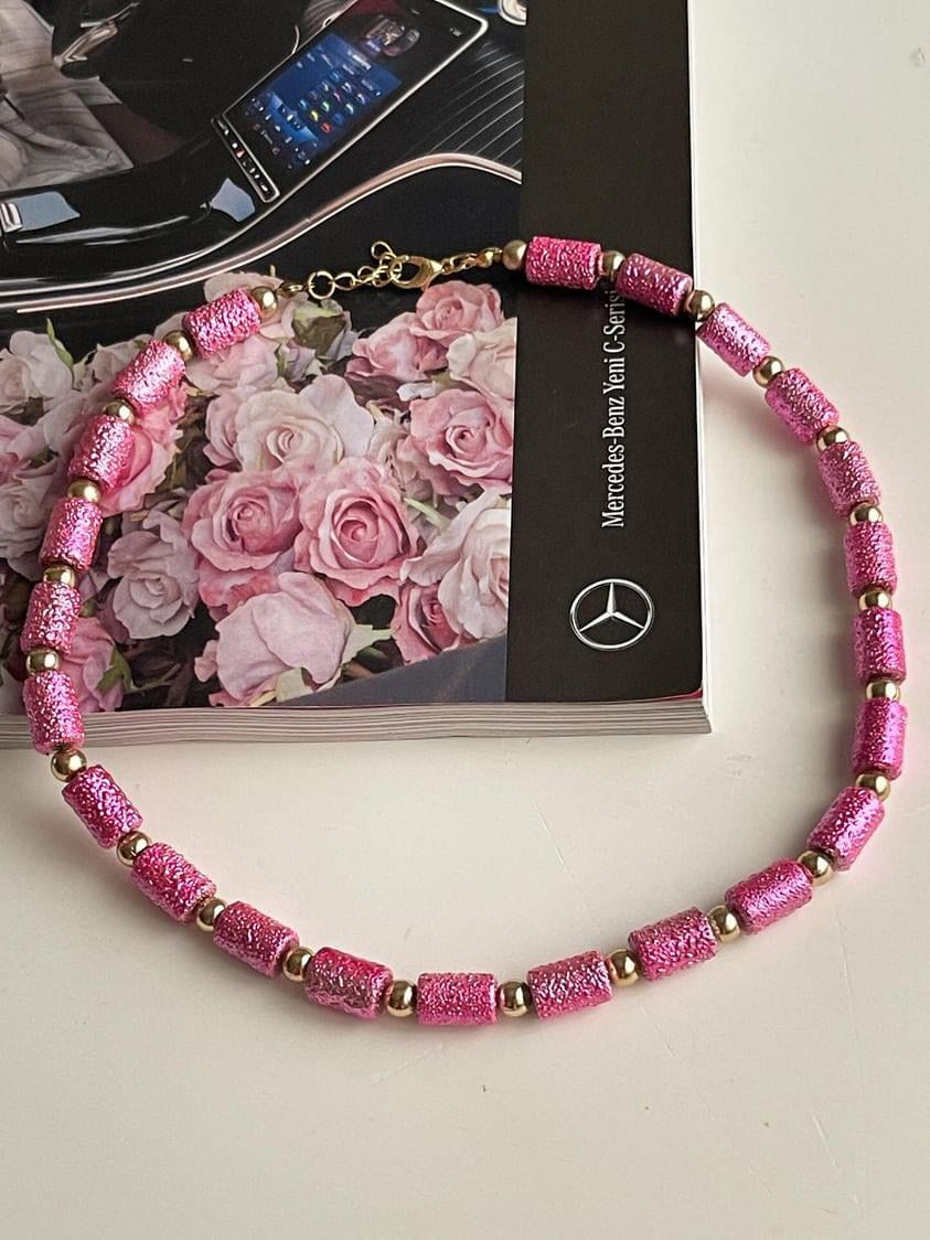 Pembe Silindir Boncuklu Summer Kolye (46 Cm)