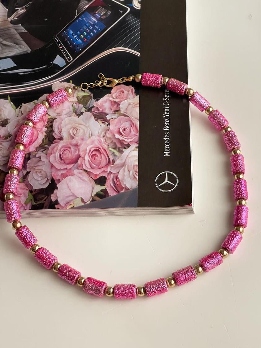 Pembe Silindir Boncuklu Summer Kolye (46 Cm)