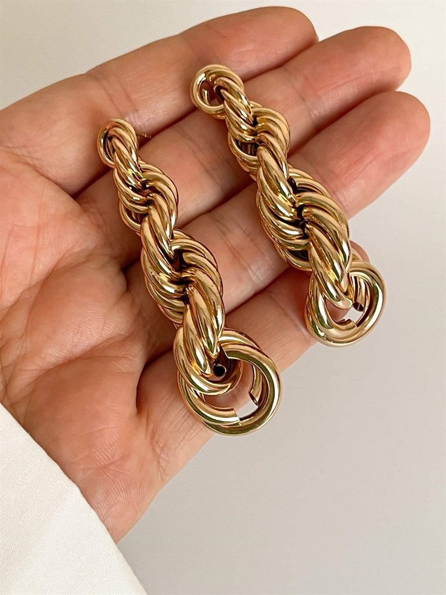 Pirinç Üzerine Mikro Altın Kaplama Burgu Luvaj Premium Küpe (6.40 Cm)