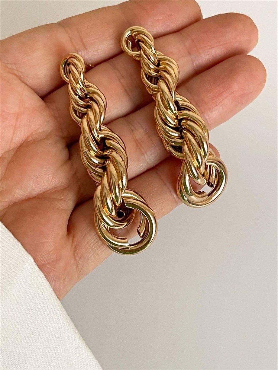 Pirinç Üzerine Mikro Altın Kaplama Burgu Luvaj Premium Küpe (6.40 Cm)
