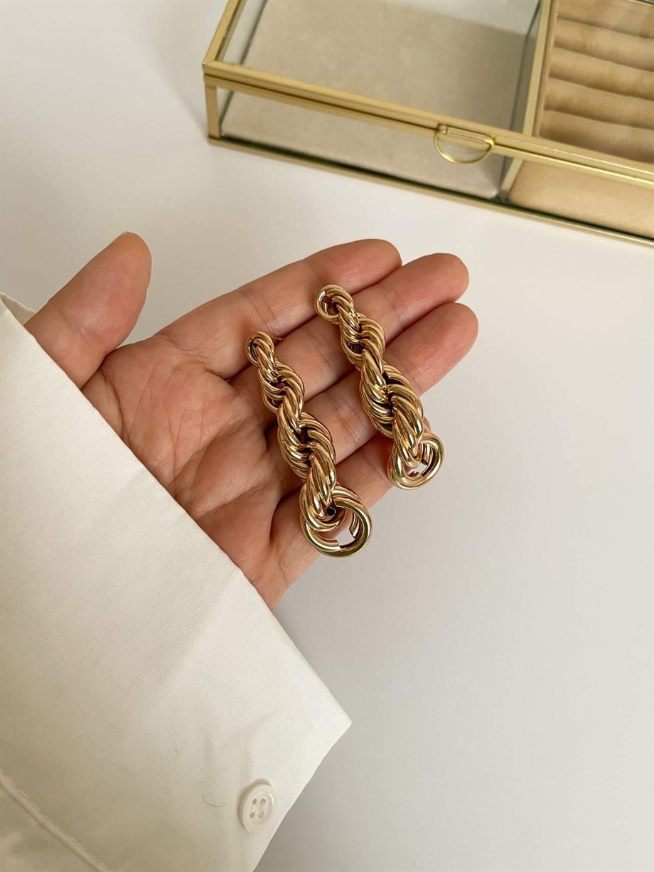 Pirinç Üzerine Mikro Altın Kaplama Burgu Luvaj Premium Küpe (6.40 Cm)