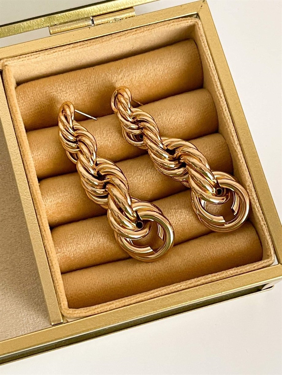 Pirinç Üzerine Mikro Altın Kaplama Burgu Luvaj Premium Küpe (6.40 Cm)
