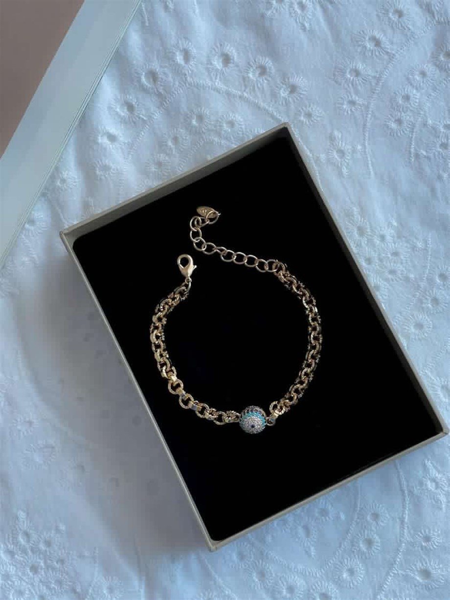 Pirinç Üzerine Mikro Altın Kaplama Nazar Boncuklu Bileklik (23 Cm)