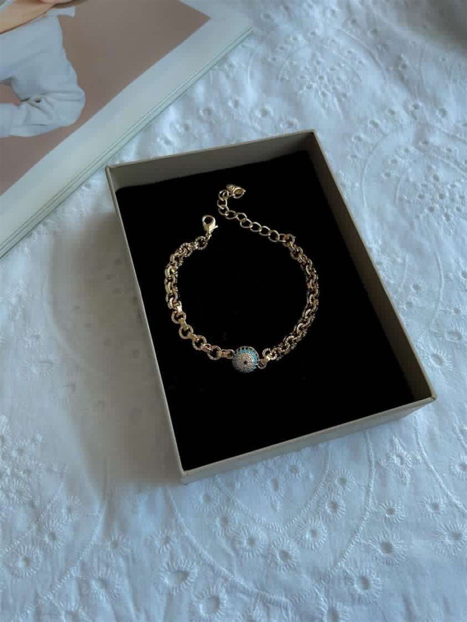 Pirinç Üzerine Mikro Altın Kaplama Nazar Boncuklu Bileklik (23 Cm)