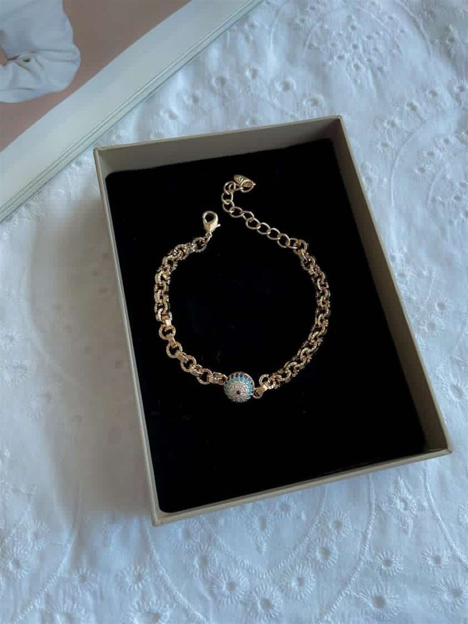 Pirinç Üzerine Mikro Altın Kaplama Nazar Boncuklu Bileklik (23 Cm)