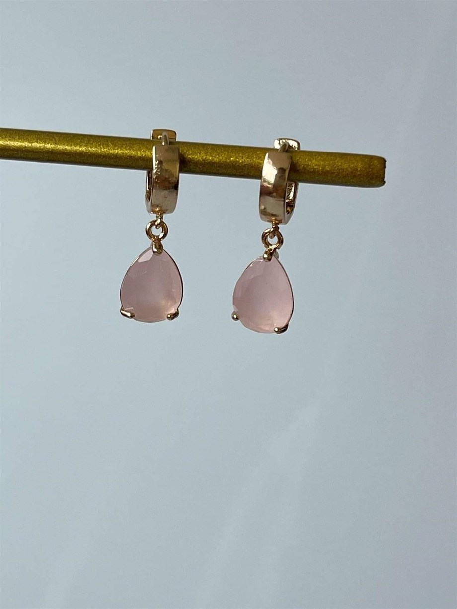 Pirinç Üzerine Mikro Altın Kaplama Pembe Taşlı Küpe (3 Cm)