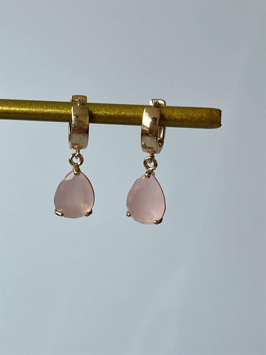 Pirinç Üzerine Mikro Altın Kaplama Pembe Taşlı Küpe (3 Cm)