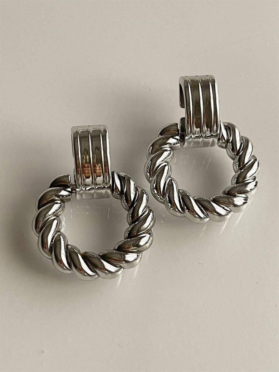 Pleksi Gümüş Renk Halka Viintage Küpe (4 Cm)