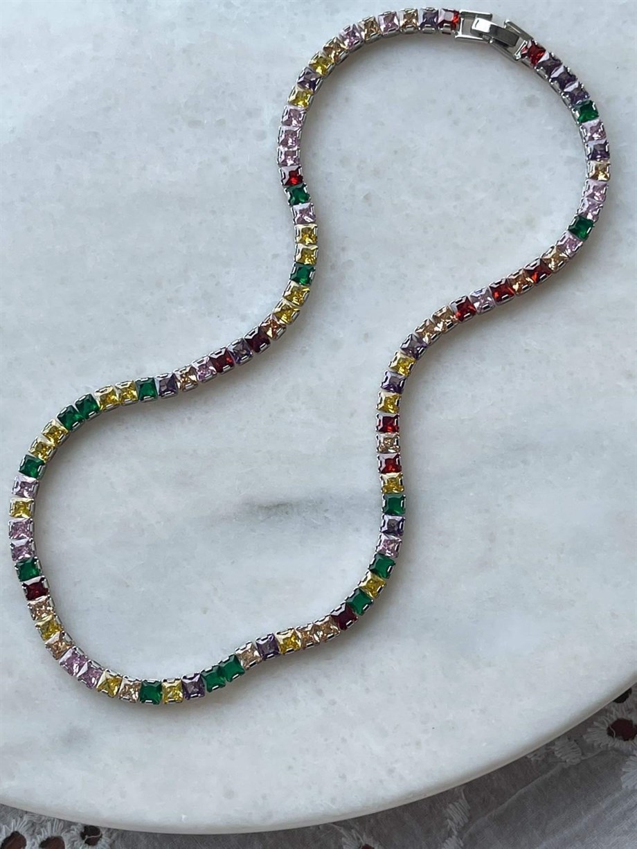 Renkli Gümüş Renk Su Yolu Taşlı Kolye (44 Cm)