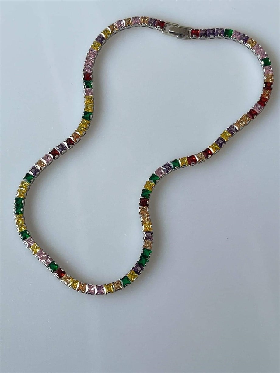 Renkli Kalın Su Yolu Taşlı Kolye  (44 Cm)