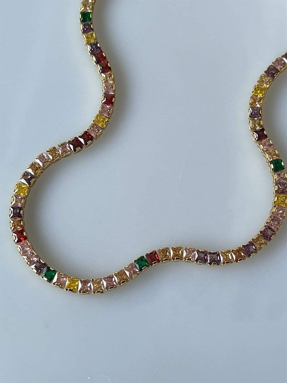 Renkli Kalın Su Yolu Taşlı Kolye  (44 Cm)
