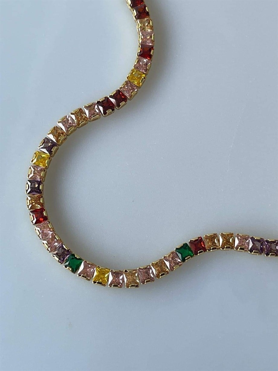 Renkli Kalın Su Yolu Taşlı Kolye  (44 Cm)