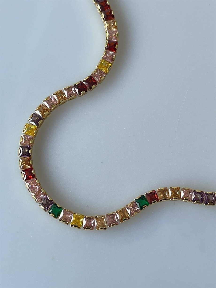 Renkli Kalın Su Yolu Taşlı Kolye  (44 Cm)