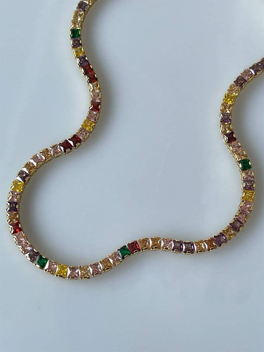 Renkli Kalın Su Yolu Taşlı Kolye  (44 Cm)
