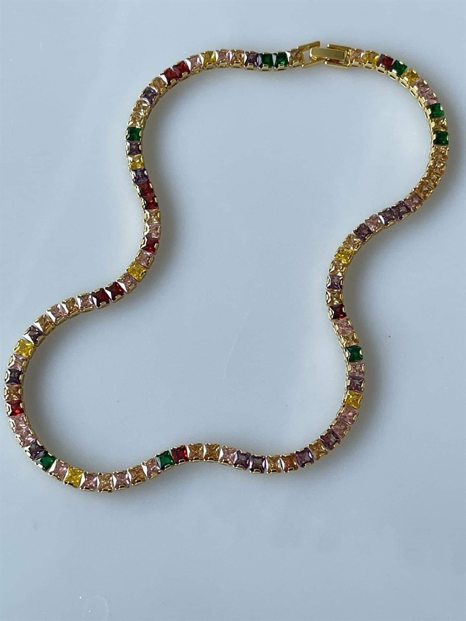 Renkli Kalın Su Yolu Taşlı Kolye  (44 Cm)