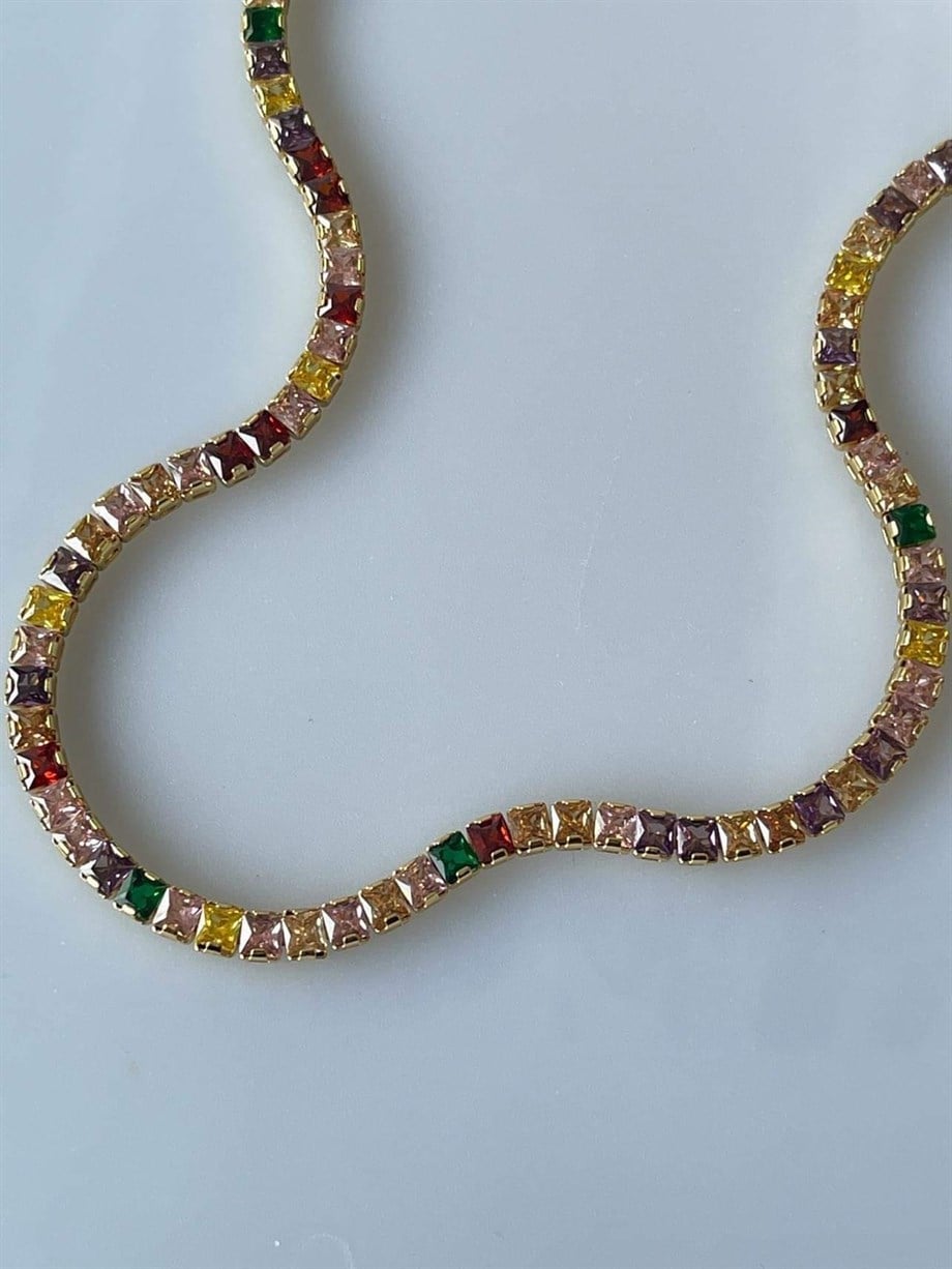 Renkli Kalın Su Yolu Taşlı Kolye  (44 Cm)