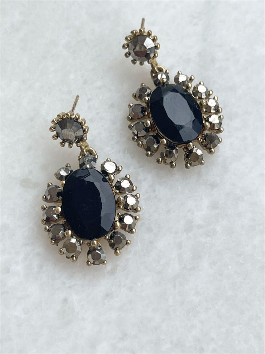 Taşlı Siyah Küpe (4 Cm)