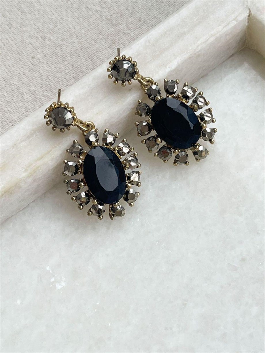 Taşlı Siyah Küpe (4 Cm)