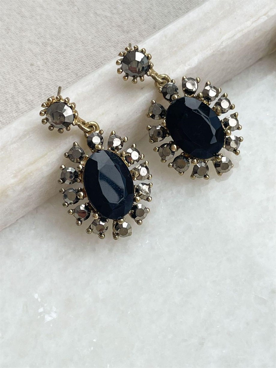 Taşlı Siyah Küpe (4 Cm)