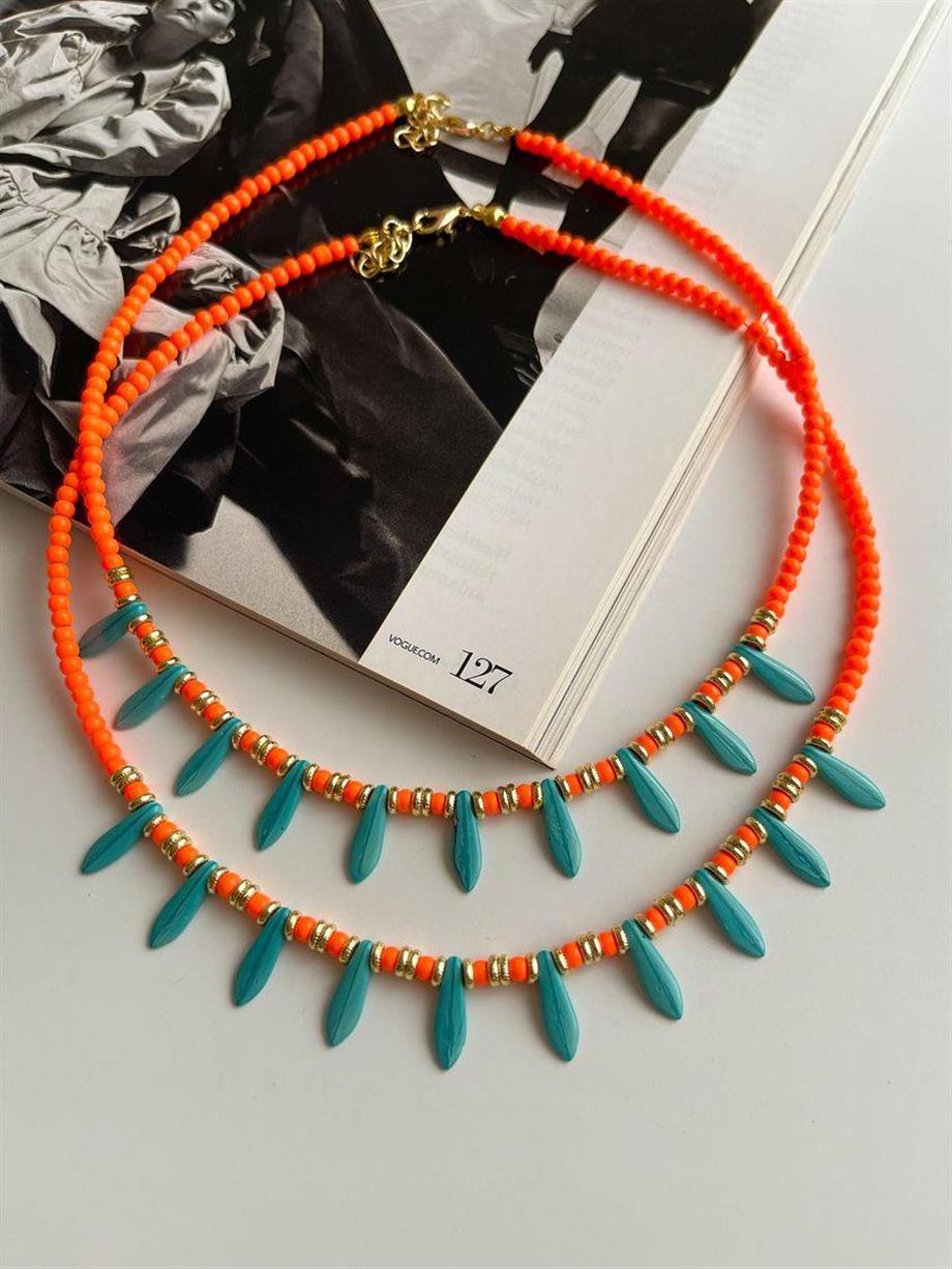 Turuncu Boncuklu Mavi Detaylı Summer Kolye (48 Cm)