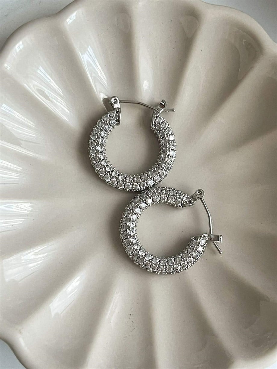 Zirkon Taşlı Gümüş Renk Vip Halka Küpe (2.20 Cm)