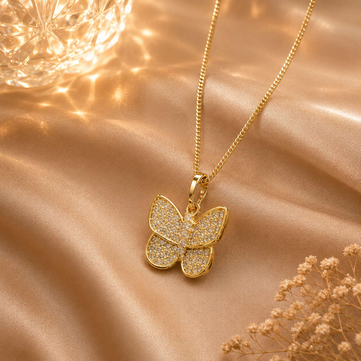 Gold Zirkon Taşlı  Kelebek Kolye
