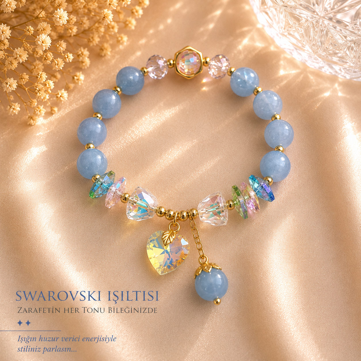 Swarovski Kalp Sallantılı Mavi Bileklik