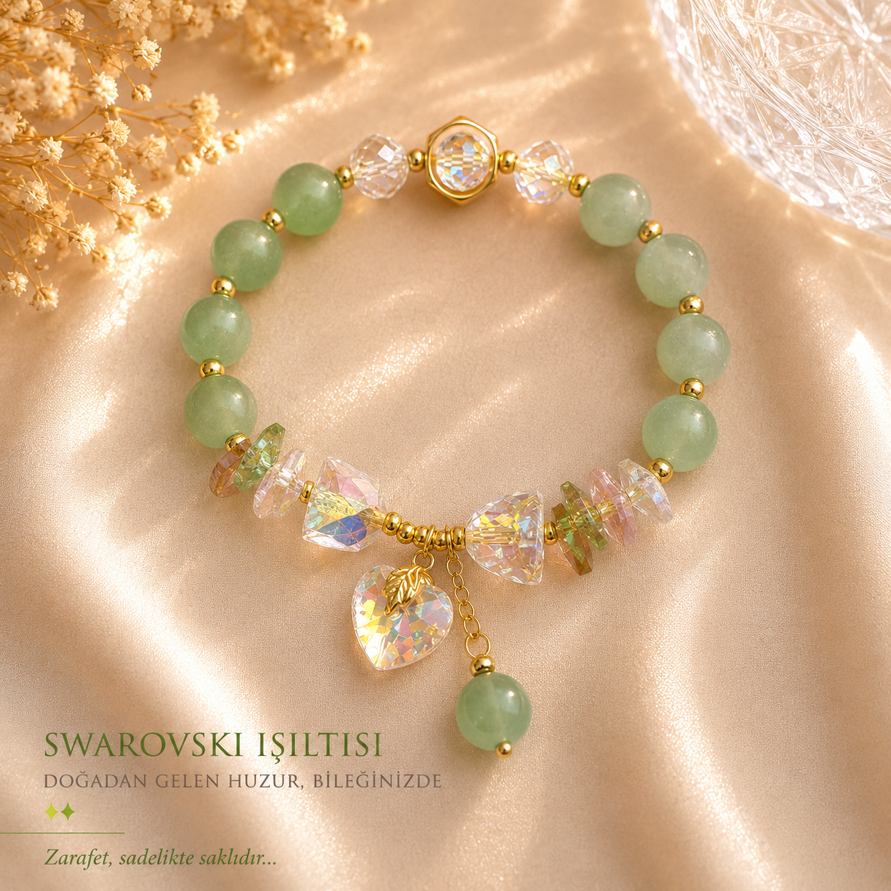 Swarovski Kalp Sallatntılı Yeşil Bileklik