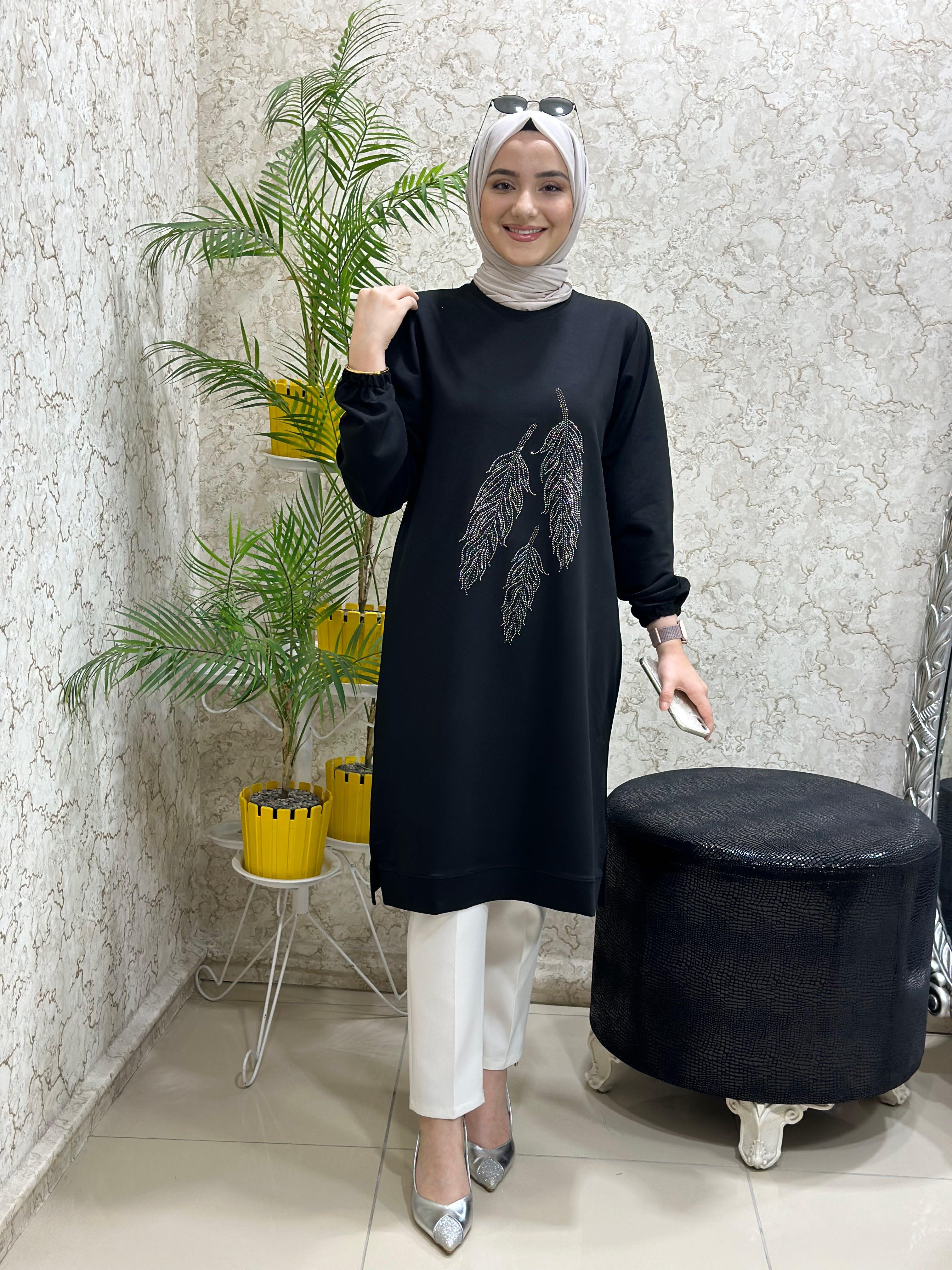 Güneş Kombin Yaprak Baskı Tesettür Tunik Siyah