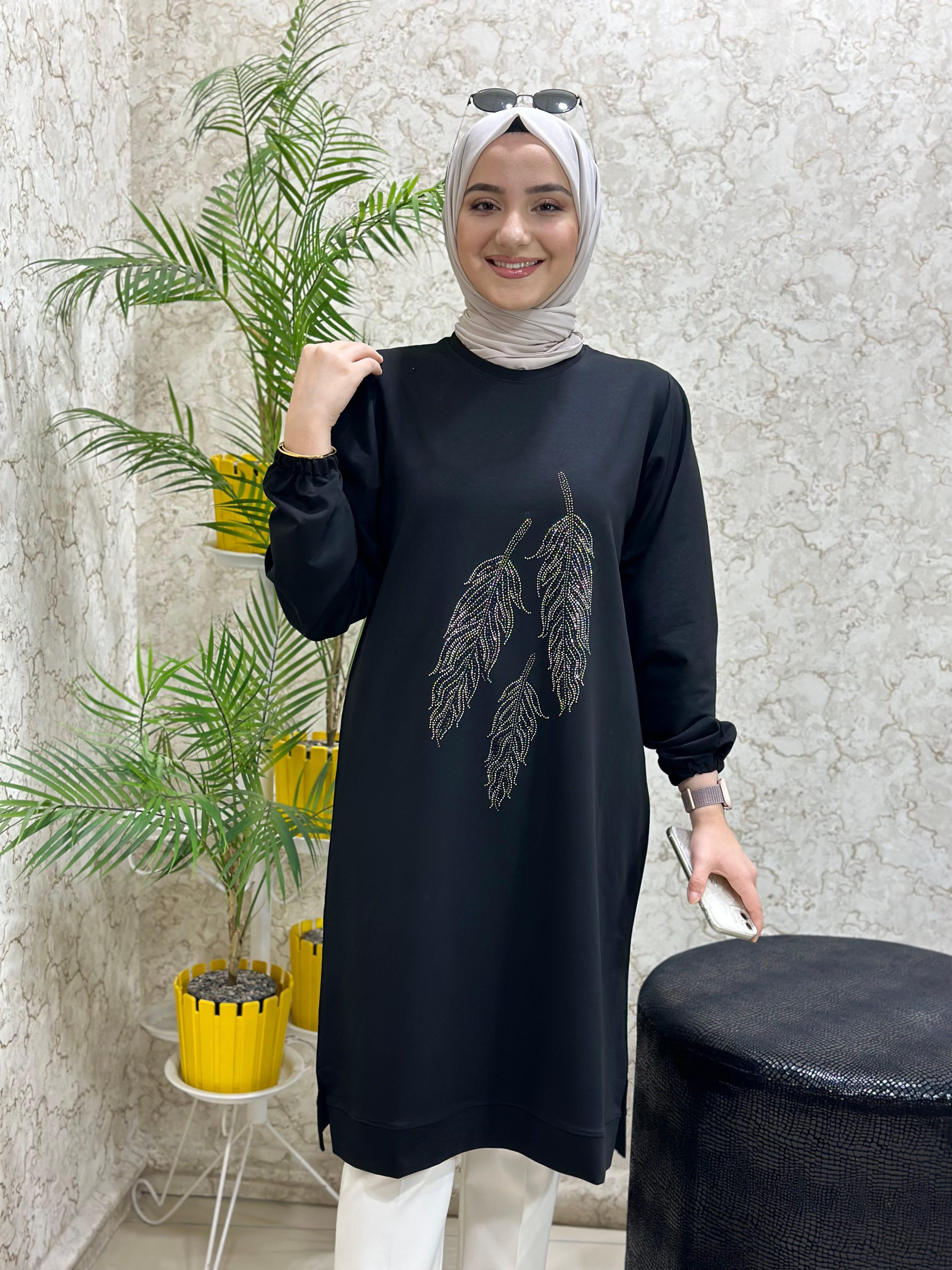 Güneş Kombin Yaprak Baskı Tesettür Tunik Siyah