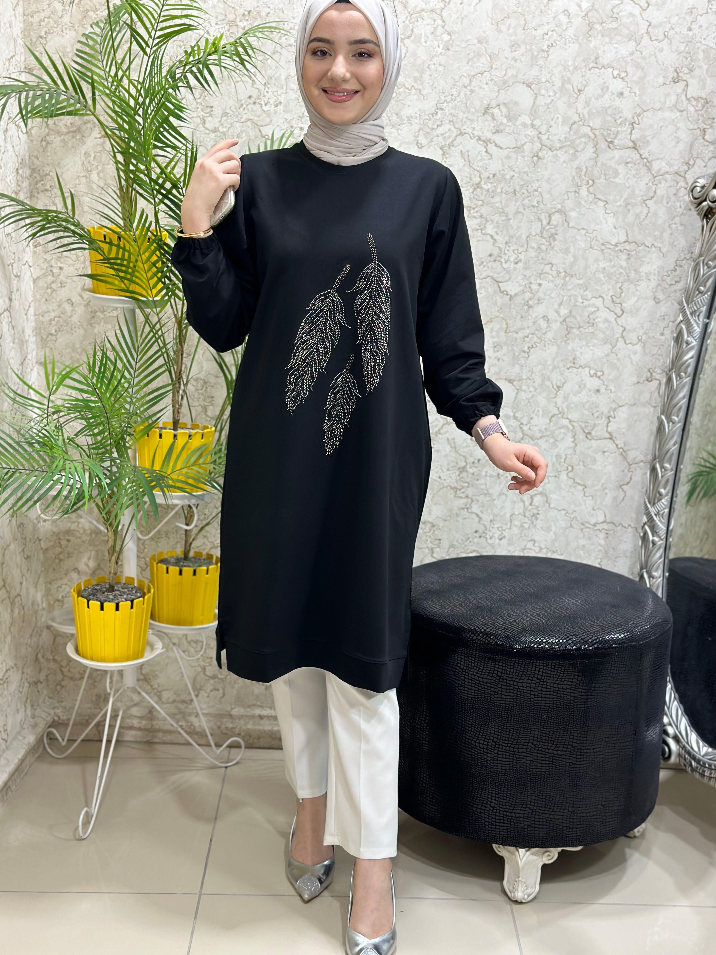 Güneş Kombin Yaprak Baskı Tesettür Tunik Siyah