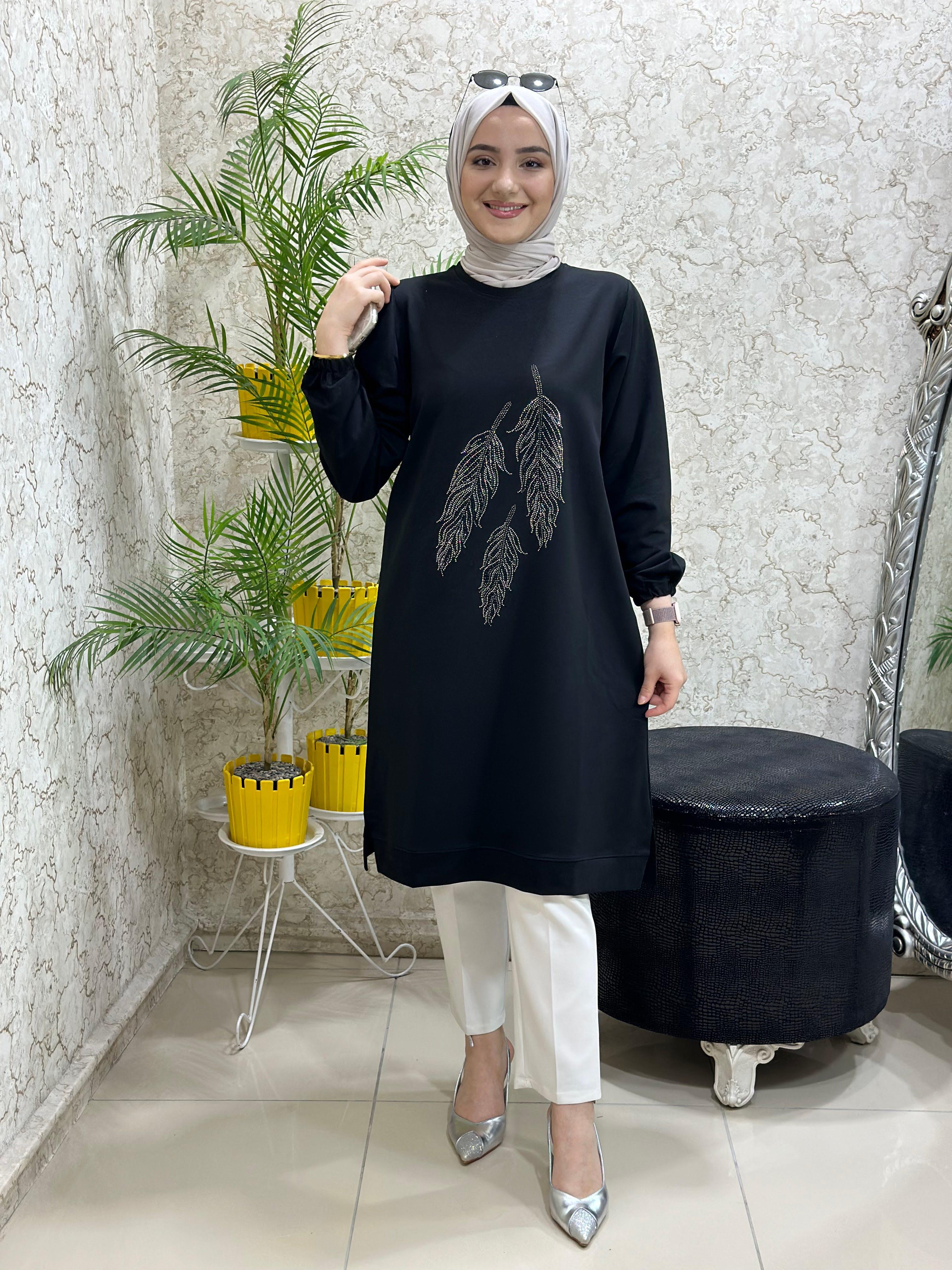 Güneş Kombin Yaprak Baskı Tesettür Tunik Siyah