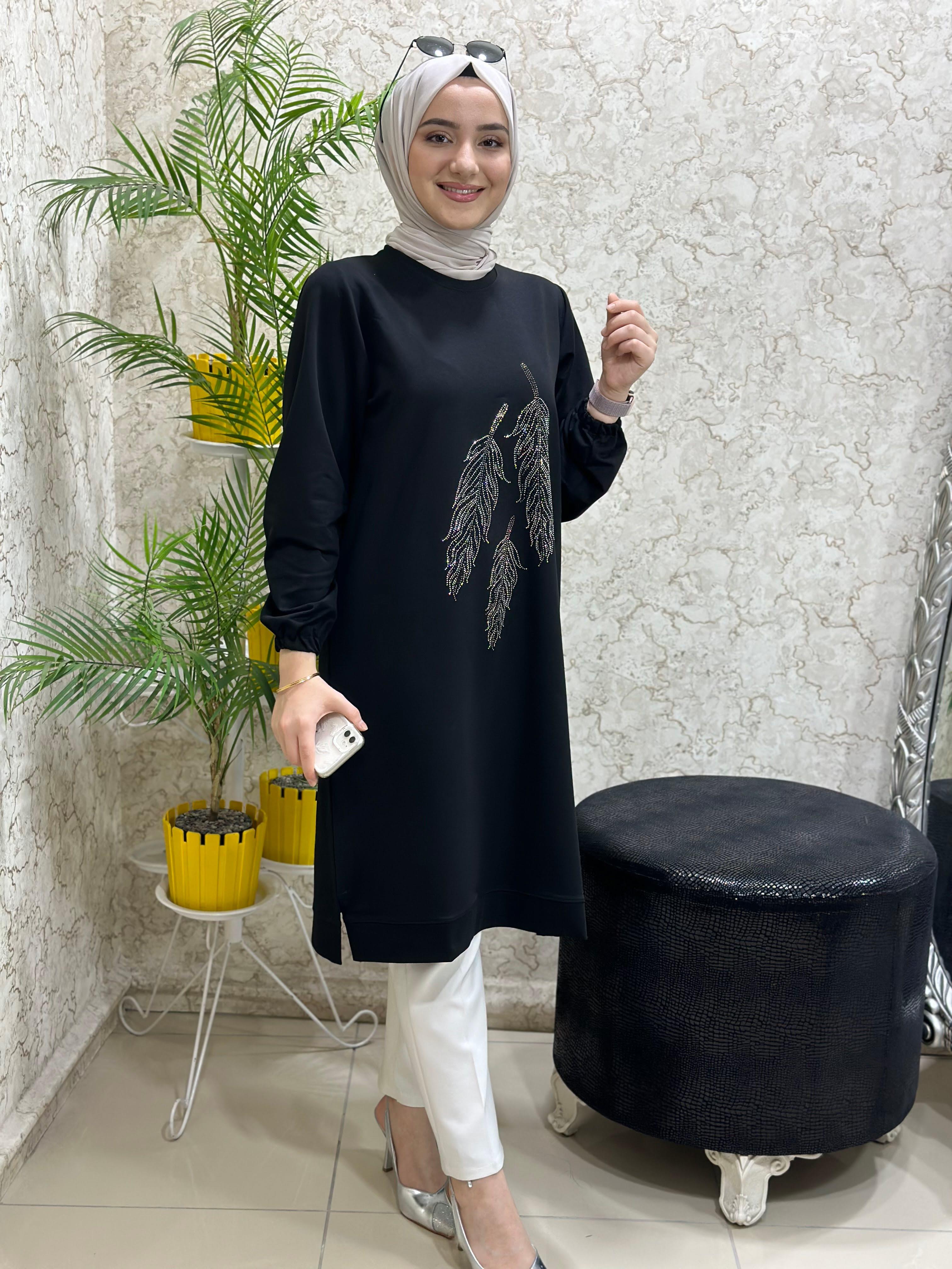 Güneş Kombin Yaprak Baskı Tesettür Tunik Siyah