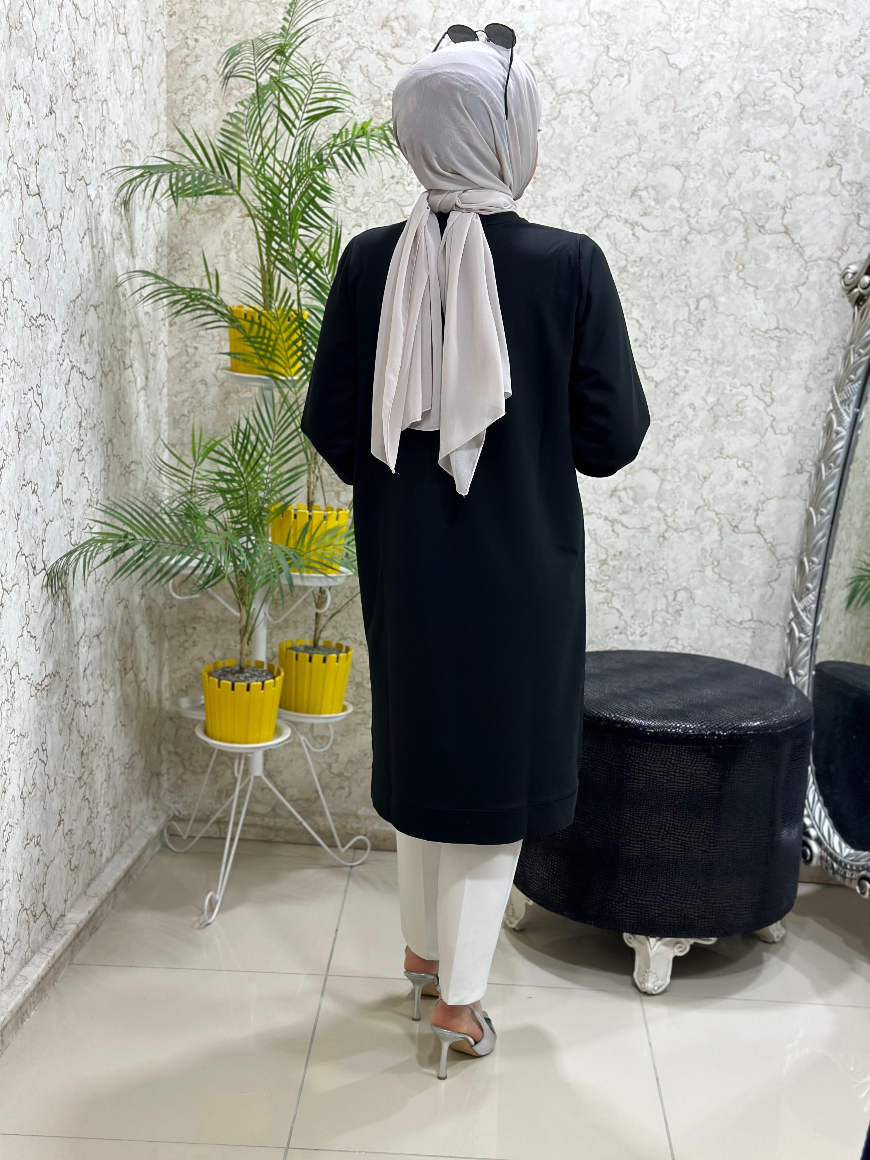 Güneş Kombin Yaprak Baskı Tesettür Tunik Siyah