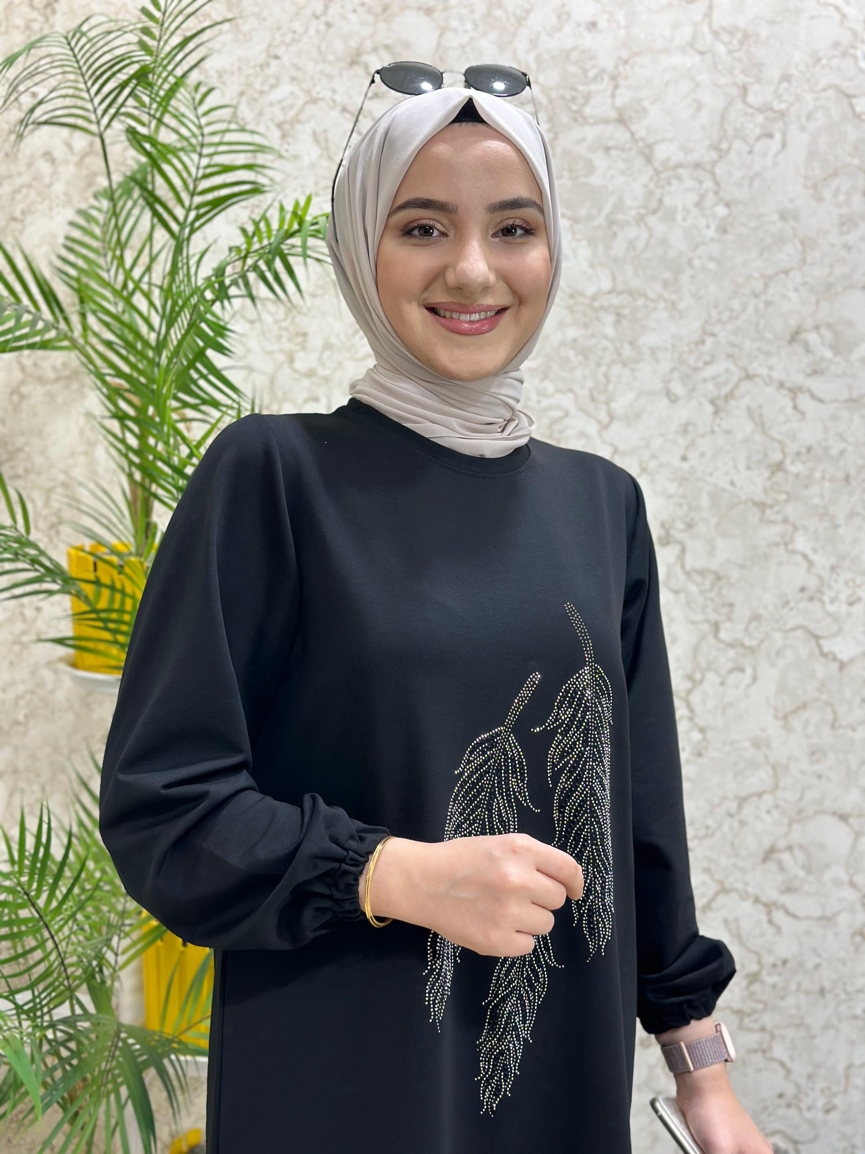 Güneş Kombin Yaprak Baskı Tesettür Tunik Siyah