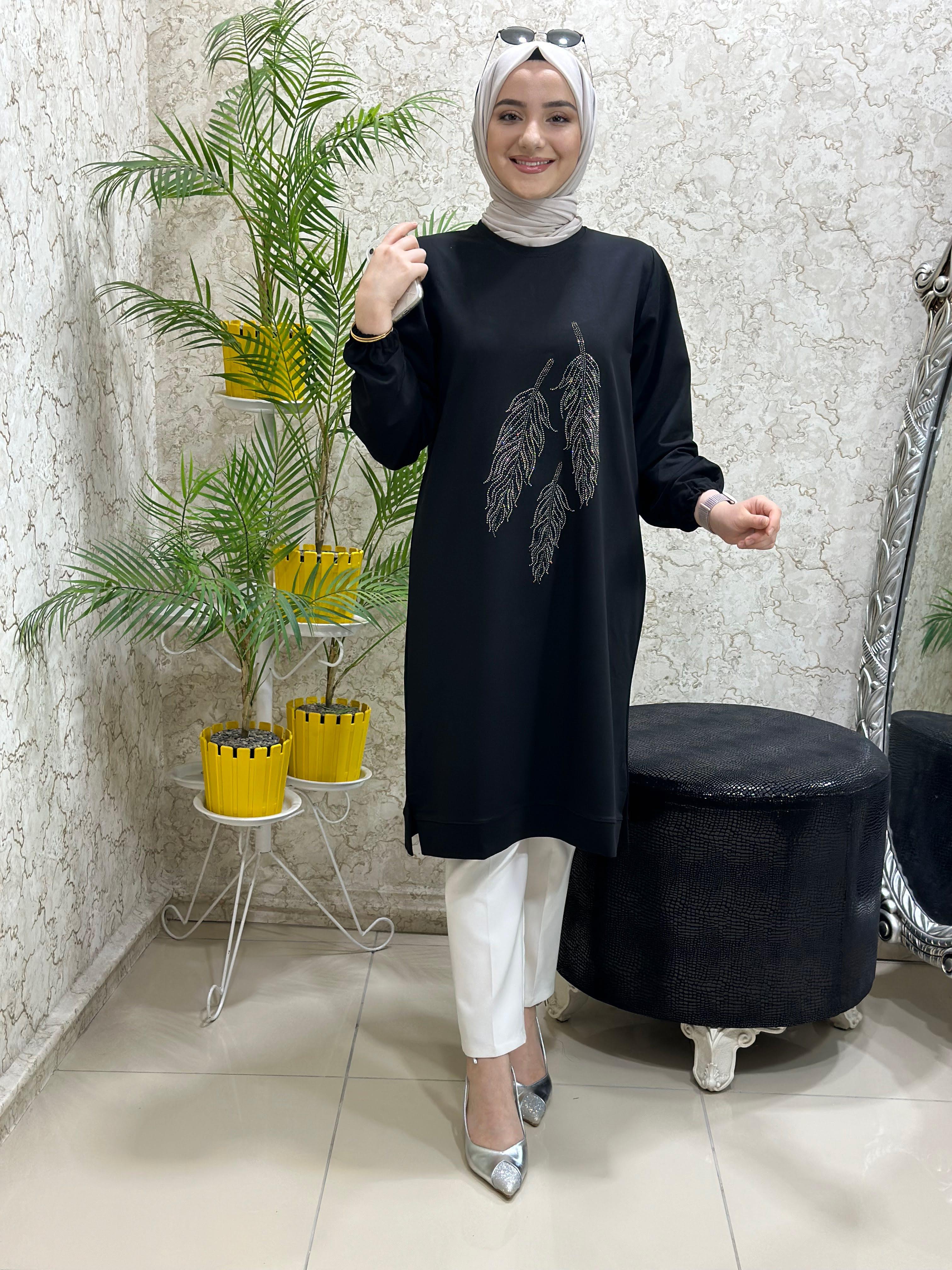 Güneş Kombin Yaprak Baskı Tesettür Tunik Siyah