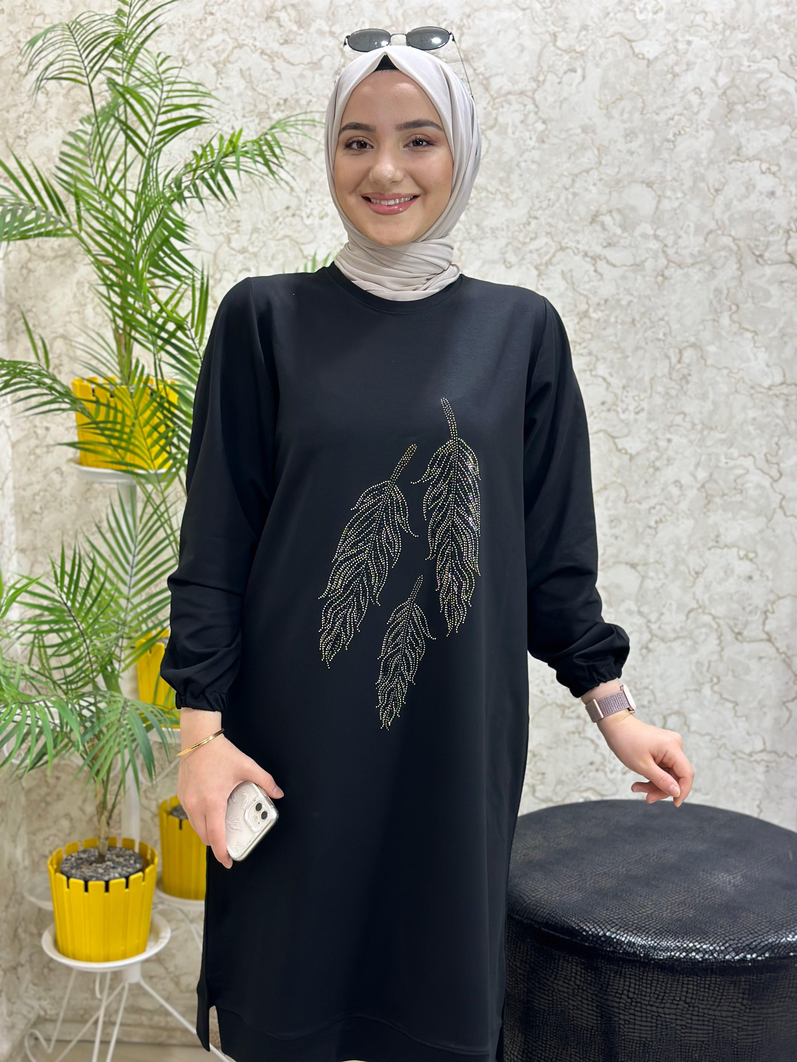 Güneş Kombin Yaprak Baskı Tesettür Tunik Siyah