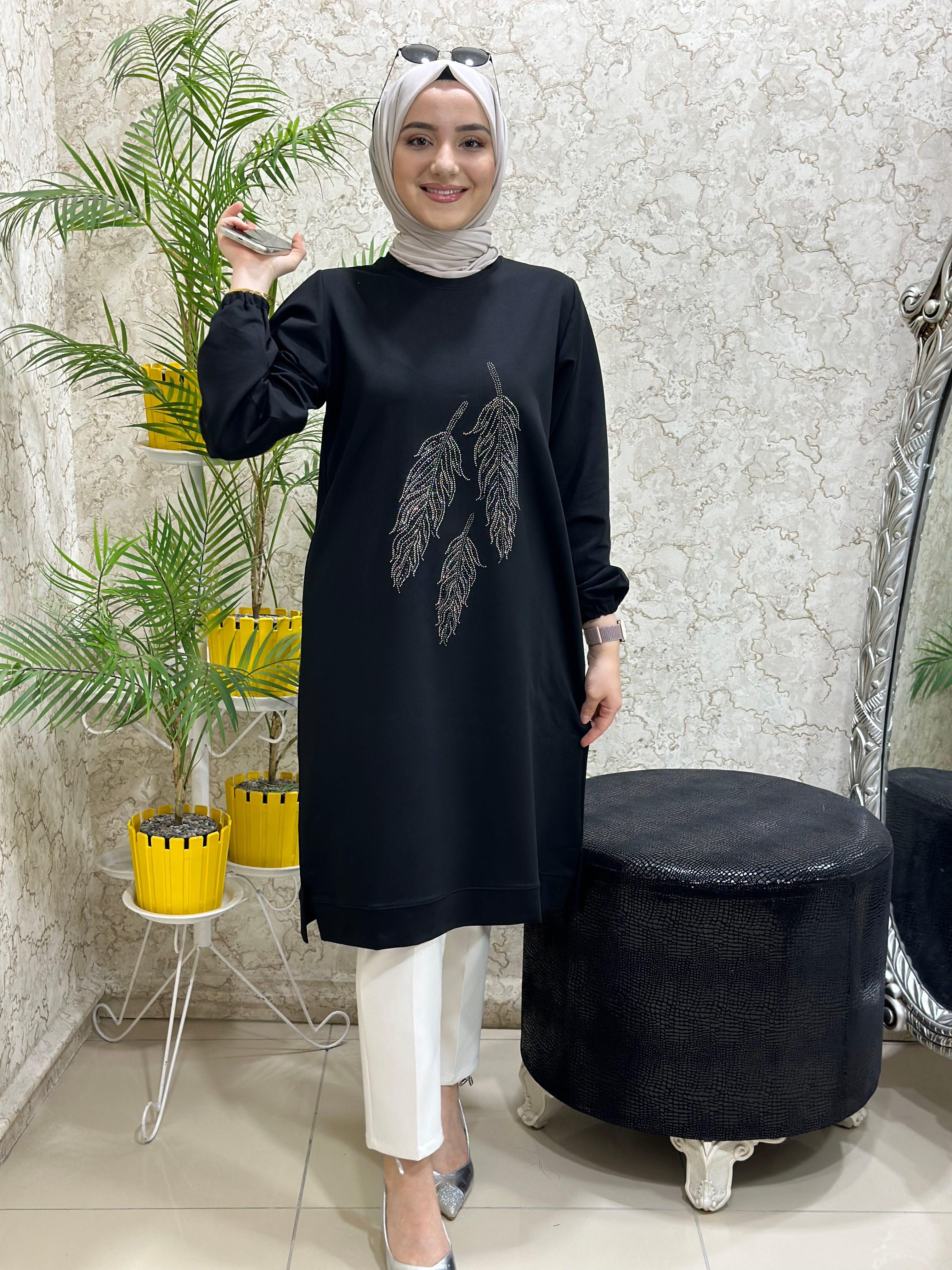 Güneş Kombin Yaprak Baskı Tesettür Tunik Siyah