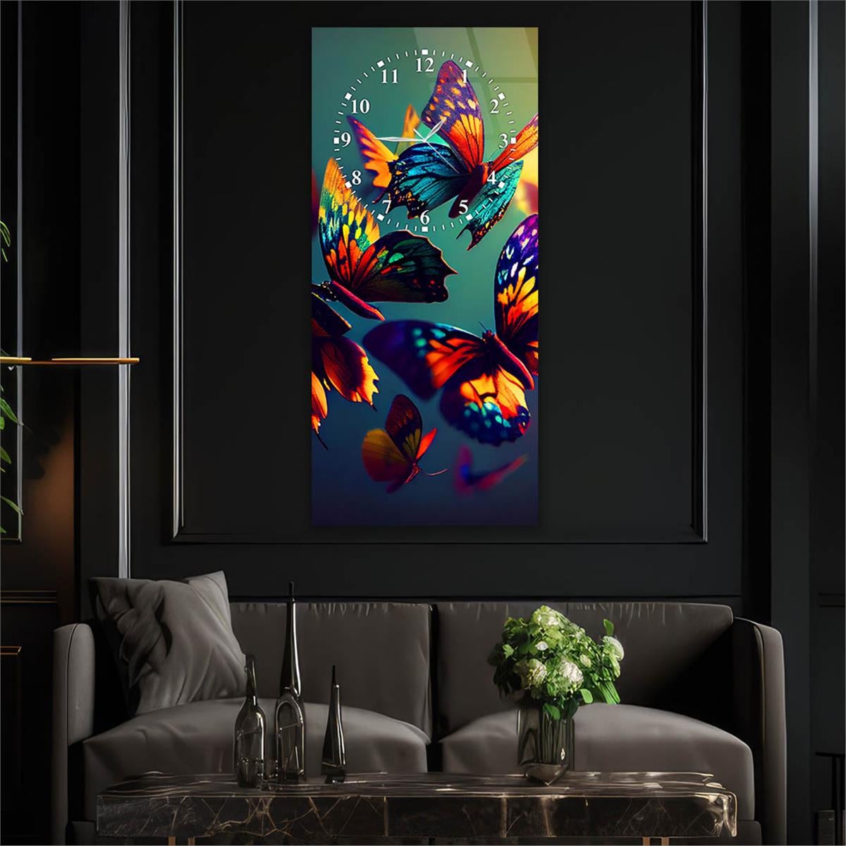 Dikey Üstten Saatli Sanat Temalı Cam Tablo 030