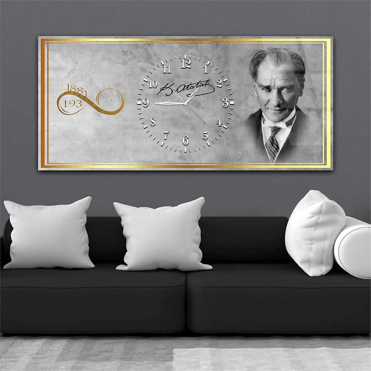 Yatay Ortadan Saatli  Vatan Temalı Cam Tablo 028