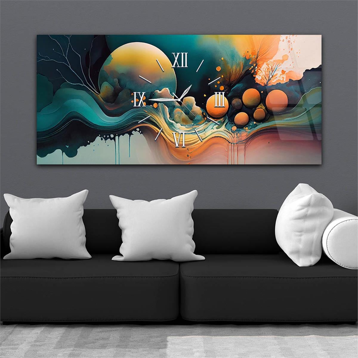 Yatay Ortadan Saatli  Sanat ve Doğa Temalı Cam Tablo 084