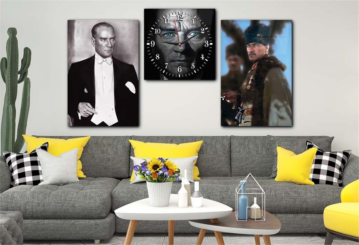 MUSTAFA KEMAL ATATÜRK Glass Wall Art Set with Clock