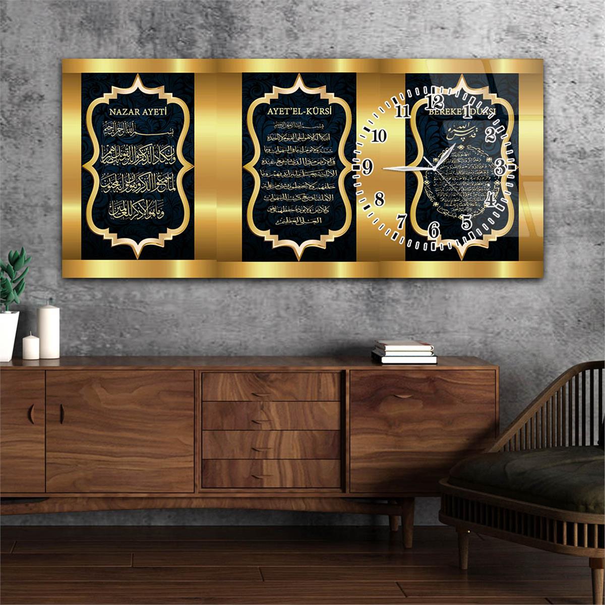 Yatay Saatli Yandan Dini Temalı Cam Tablo 042